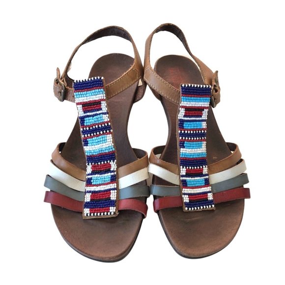 Pikolinos Beaded Sandal EU 38 Ankle Strap Brown Blue Red White - Picture 2 of 13